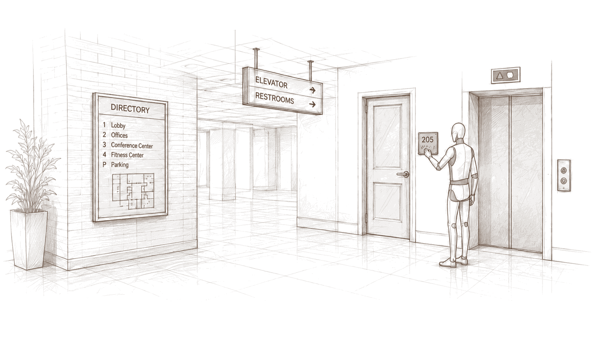 Interior corridor showing the wayfinding and ADA signs we design: an overhead directional sign, a building directory, a tactile room-number plaque, and an elevator braille plaque